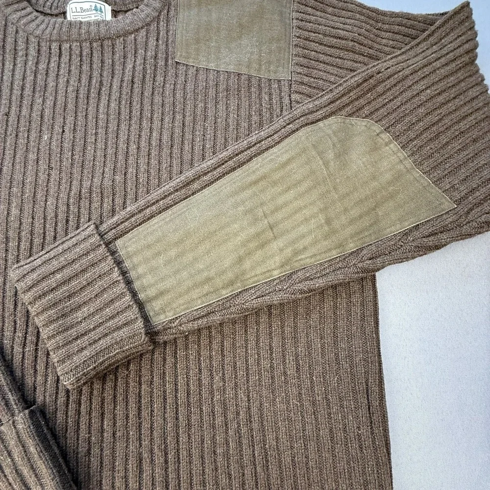 LL Bean Mens XL T Commando Brown Sweater Merino‎ Lambs Wool Elbow Patches